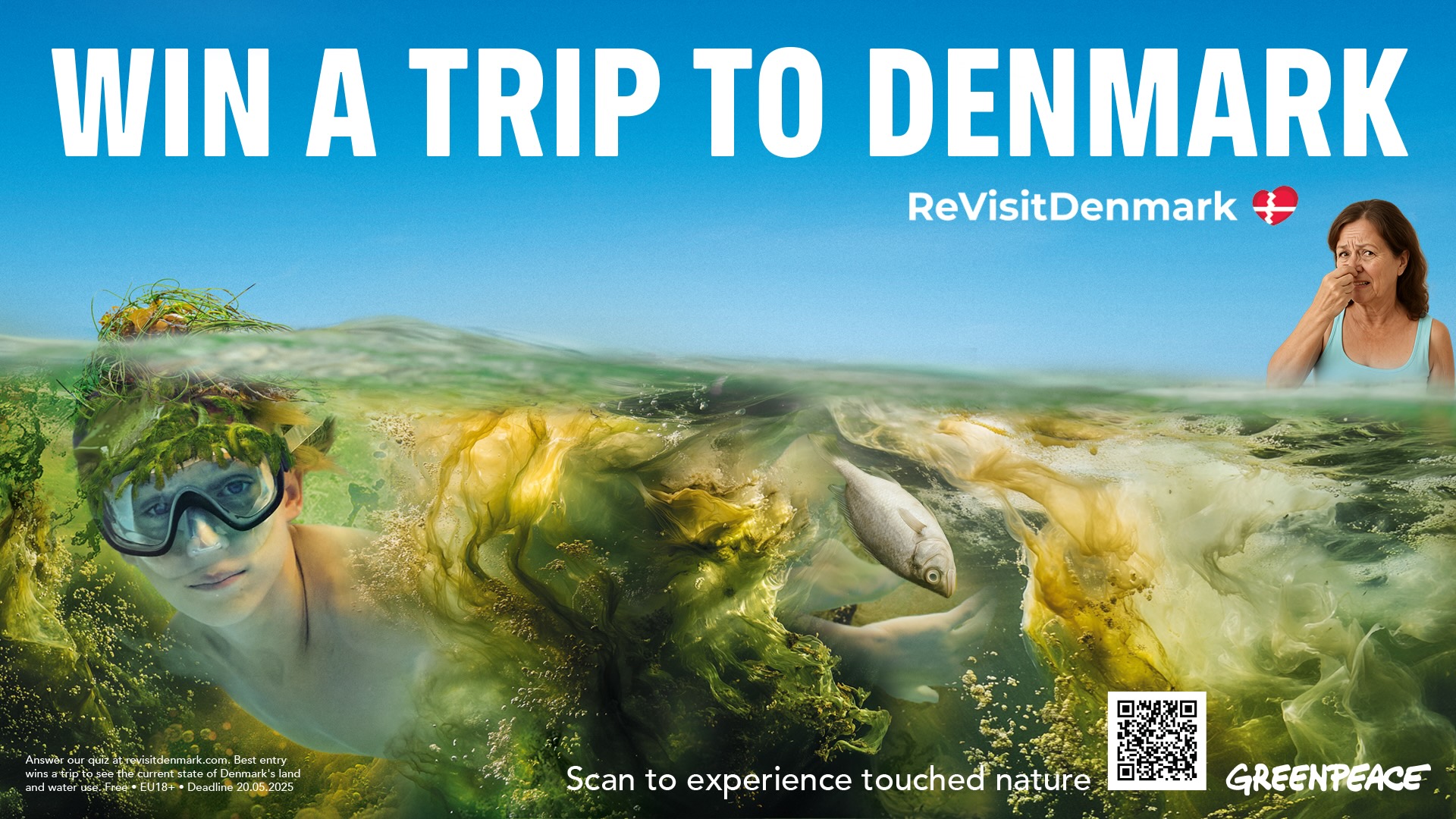 The Greenpeace campaign ReVisitDenmark shows the nature crisis in Denmark in an advertisement with a boy bathing in algae while his mother holds her nose.